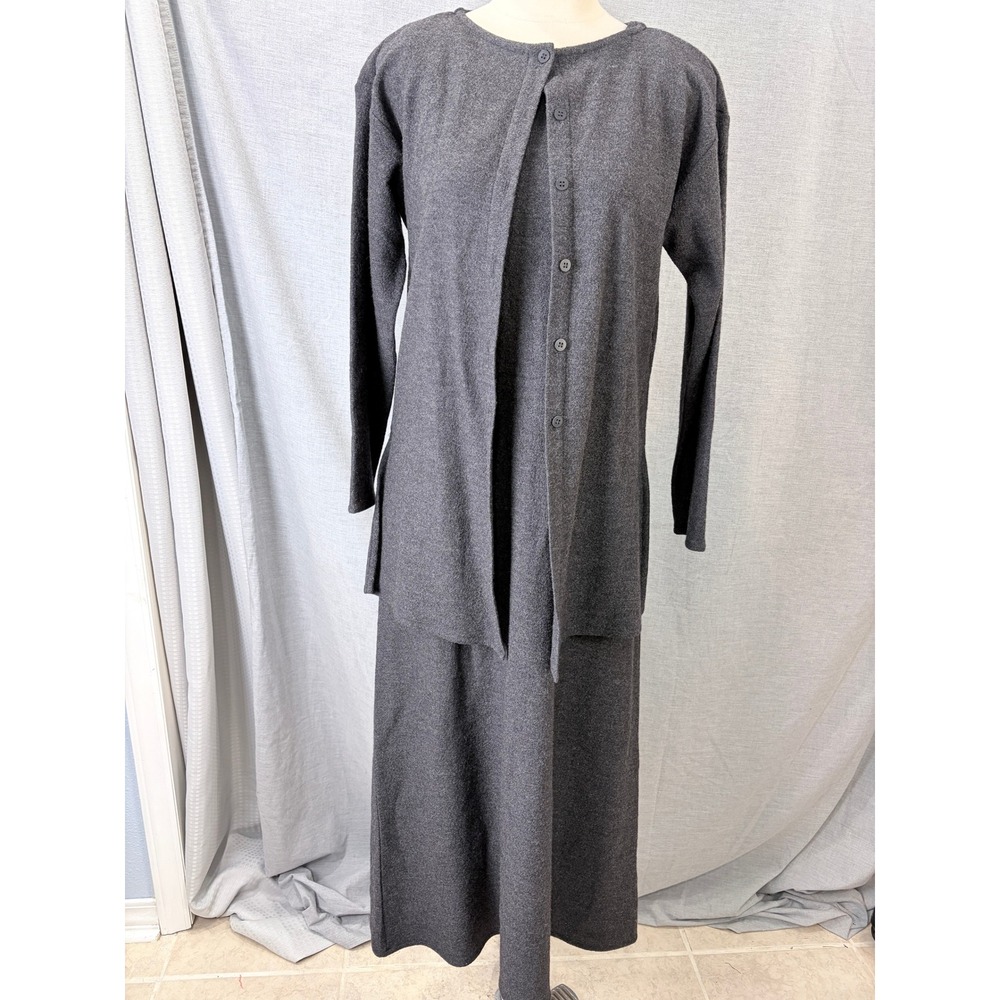 Vintage Eileen Fisher 100% Wool Charcoal Maxi Dress Duster Set 90s XS USA